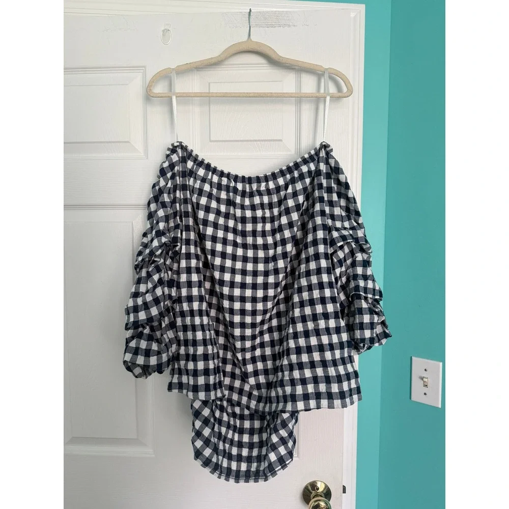 Lane Bryant Navy White Gingham Off Shoulder Ruffle Sleeve Top Plus 18/20 NWT